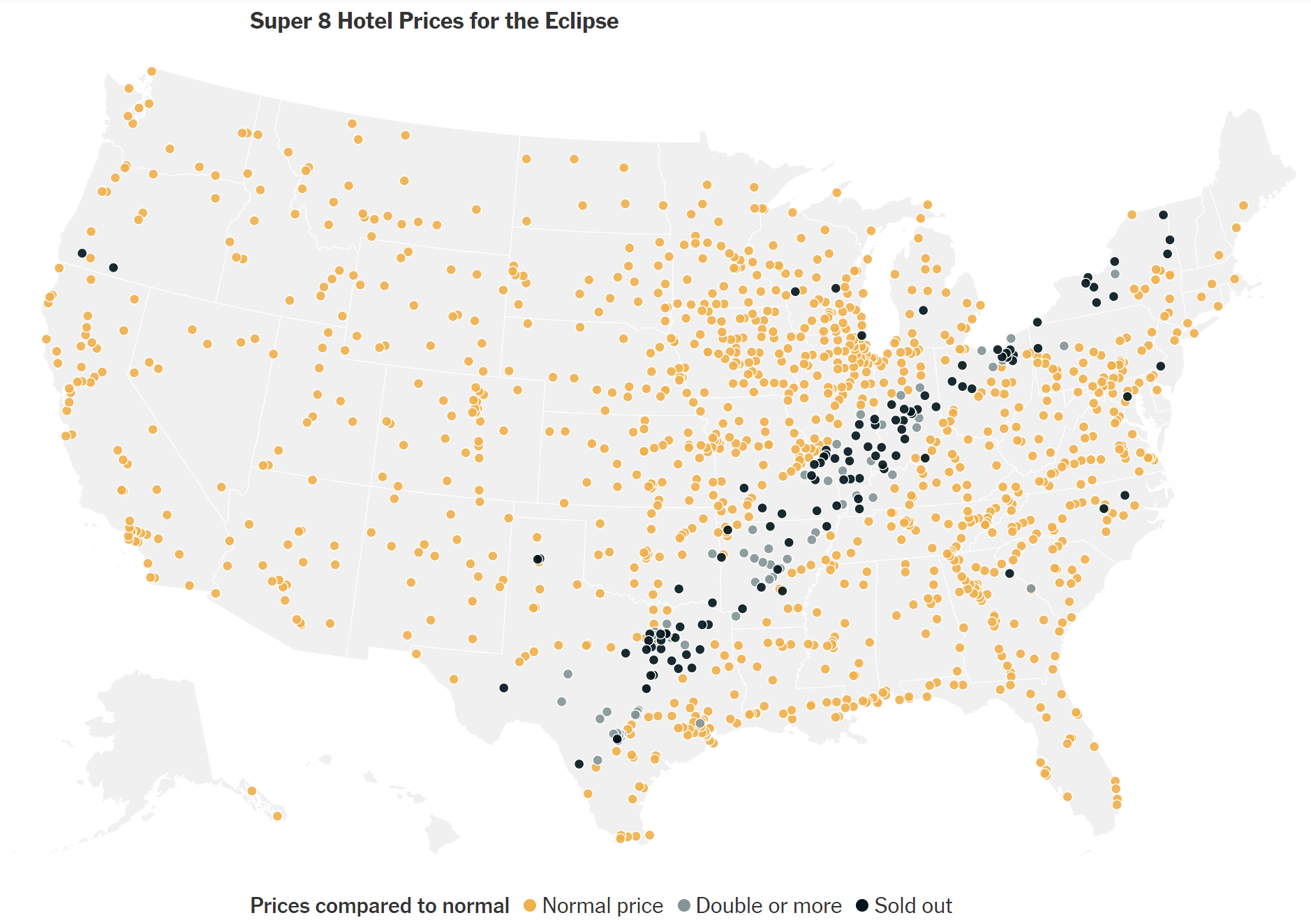 A map of the united states with orange and black dots

Description automatically generated